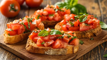 Fresh Italian bruschetta topped with tomato-topped bread, no shadows The bruschetta is the highlight, with no text, logo, signature, human body, people, or plants, 