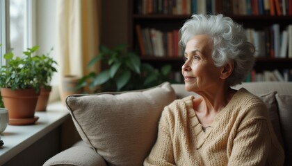 Elderly African woman sits thoughtfully by the window in cozy living room on a calm afternoon