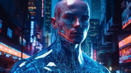 Futuristic AI Humanoid with Glowing Cybernetic Circuits in a Neon Cityscape