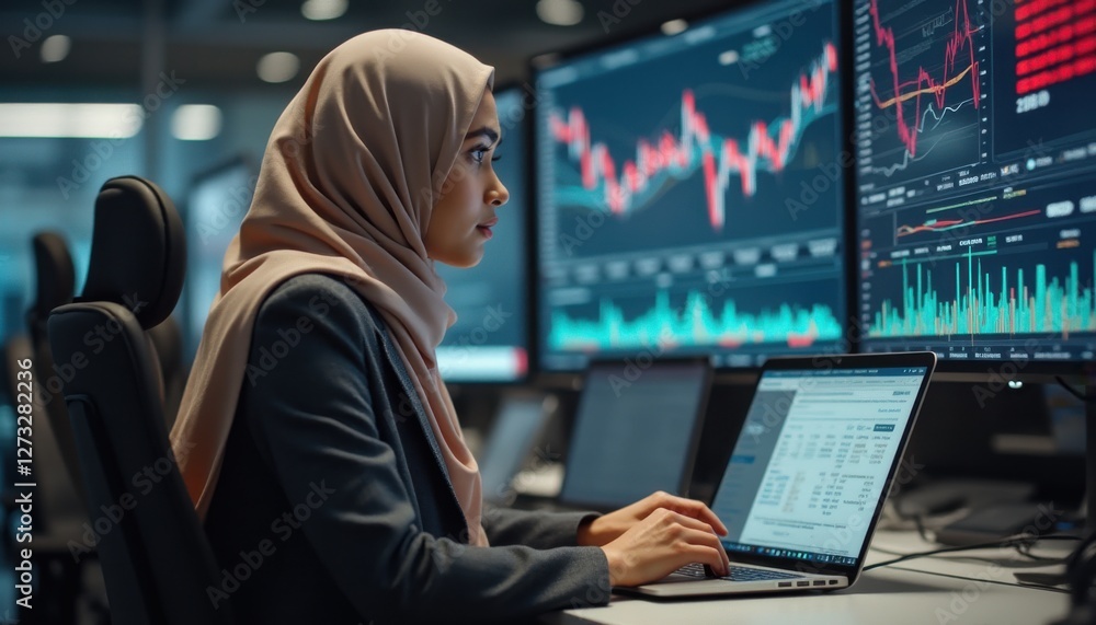 Poster Young Middle Eastern woman engaged in data analysis at a modern office with multiple screens displaying financial graphs