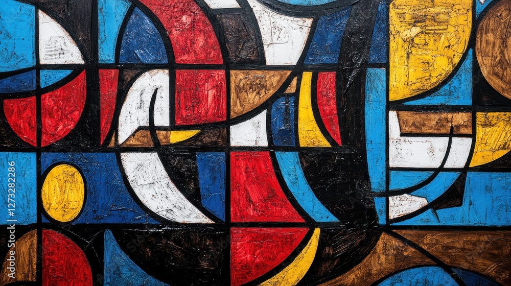 Poster abstract painting featuring geometric shapes and vibrant color palette