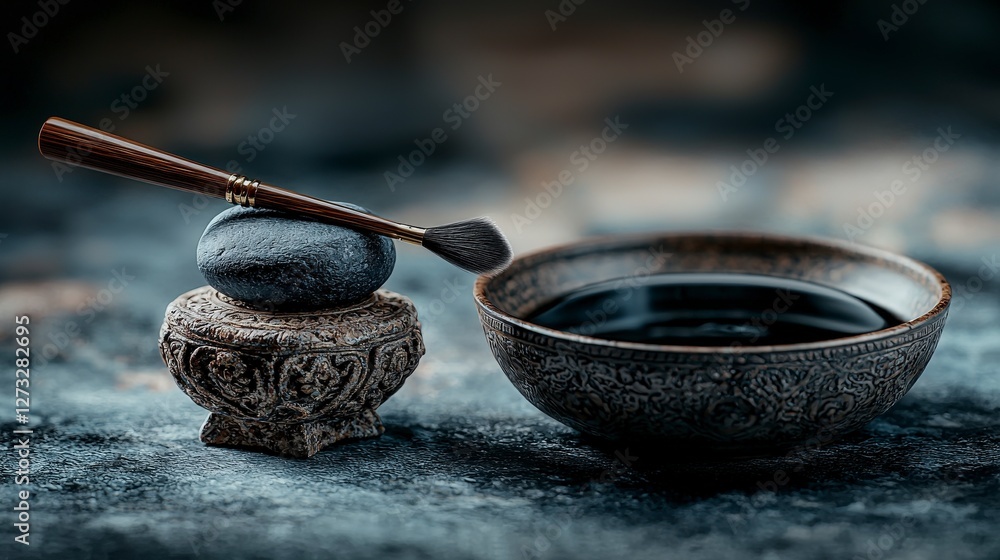 Poster elegant calligraphy tools and ink bowl minimalist art scene serene context artistic view creativity 