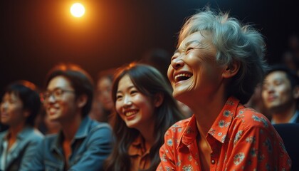 Joyful audience delights in a live performance at a theater in a vibrant urban setting during the evening