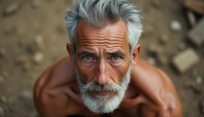 Top view of an elderly Caucasian man reflecting on life in a natural outdoor setting during golden hour