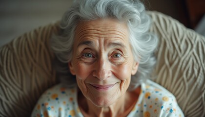 Elderly Caucasian woman smiling warmly while seated in a cozy chair at home, showcasing joy and contentment in a tranquil moment