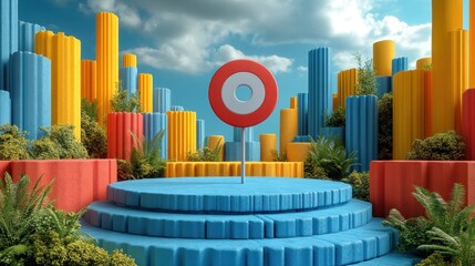 Colorful Target on Platform, Abstract Landscape, Summer