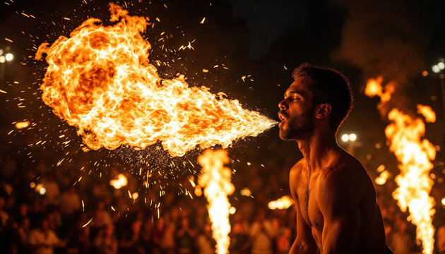 A fire breather performs at night, lighting up the sky with a massive plume of flames.