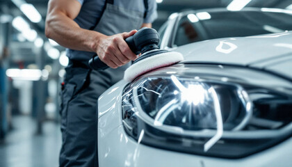 Close-up of a mechanic polishing a car headlight in a professional garage setting.


