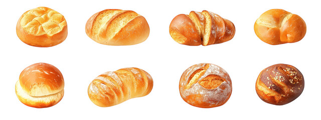 Freshly baked bread assortment including rolls, loaves, and croissants, showcasing variety of textures and colors. Perfect for any meal or occasion