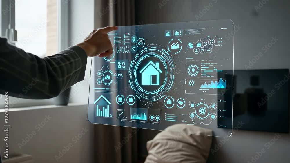 Poster smart home, digital interface and hand with security system control, automation and iot technology f