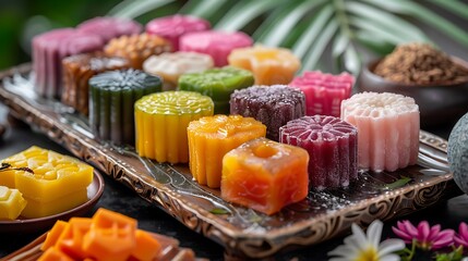 Colorful Malaysian Nyonya kuih in assorted flavors, no shadows The kuih takes center stage, with no text, logo, signature, human body, people, or plants, 