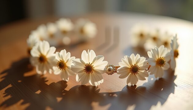 Floral bridal hairpiece, headband with small white flowers and gold accents on wooden surface, softly lit with warm natural light, minimal and romantic framing. Bridal accessories. Spring Wedding Expo
