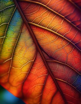 Macro of a colorful autumn leaf, showing the fine veins, textures, and vibrant hues in extra close up view. Ai Generated