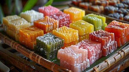 Colorful Malaysian Nyonya kuih in assorted flavors, no shadows The kuih takes center stage, with no text, logo, signature, human body, people, or plants, 