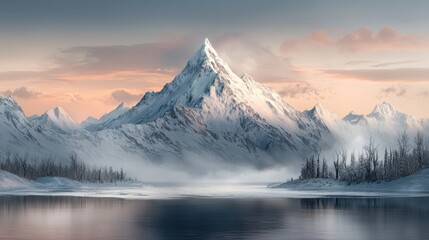 Obraz premium A Majestic Watercolor Mountain Scene Capturing the Serenity of Nature with a Lake in the Foreground