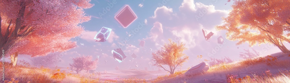 Poster serene landscape with pastel trees and floating geometric shapes