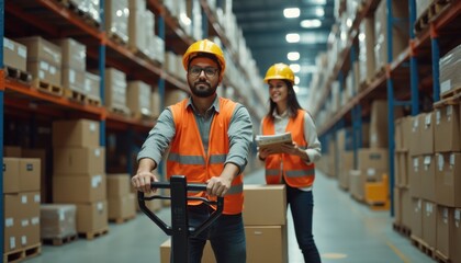 Young Hispanic workers collaborate in a busy warehouse setting while managing inventory and logistics operations