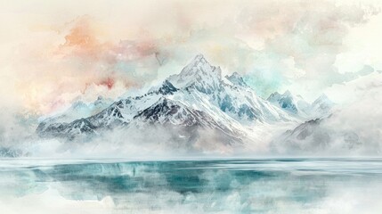 Fototapeta premium Stunning Watercolor Painting of Majestic Mountains and Serene Waters Capturing Nature's Beauty