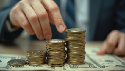 Motion blur of hand reaching for stacked coins on a table, symbolizing finance and investment actions