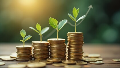 Stacks of gold coins with growing plants representing financial growth and investment potential