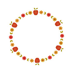 Round frame with Hand-drawn flowers and apples. Red textured apples and flowers isolated on a white background. Vector elements for invitations, postcards, posters, menus.