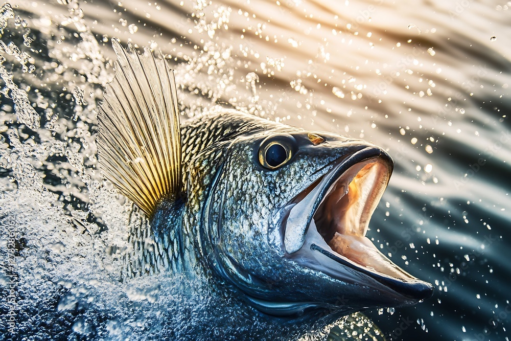 Poster vivid close-up of a fish emerging from water with an impressive splash showcasing its beautiful scal