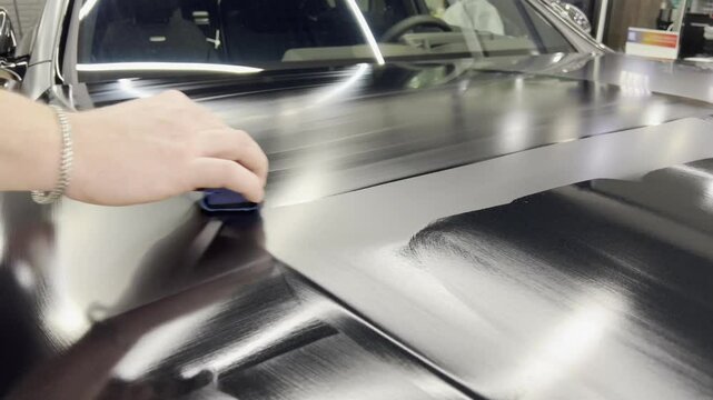 Automotive ceramics. Car service worker applying nano coating on a car detail. Specialistic ceramic coating liquid powder on to sponge by unrecognizable professional. Car detailing process.