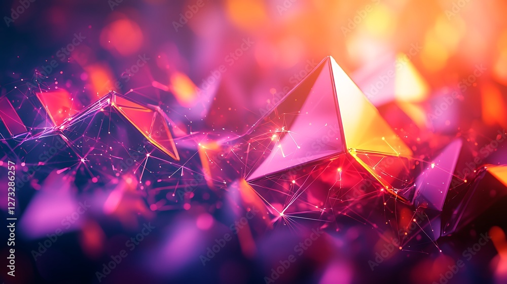 Poster Abstract colorful geometric forms data, light network connection, modern technology background