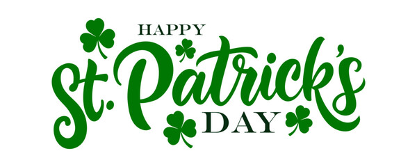 Happy St. Patrick's Day hand lettering with lucky clovers for Patricks Day holiday greetings and invitations. Vector illustration.