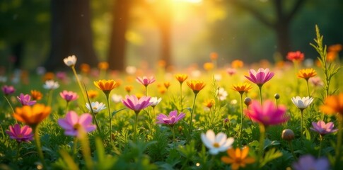 Fototapeta premium Golden hour blossoms in a vibrant meadow, showcasing a profusion of colorful wildflowers bathed in sunlight.