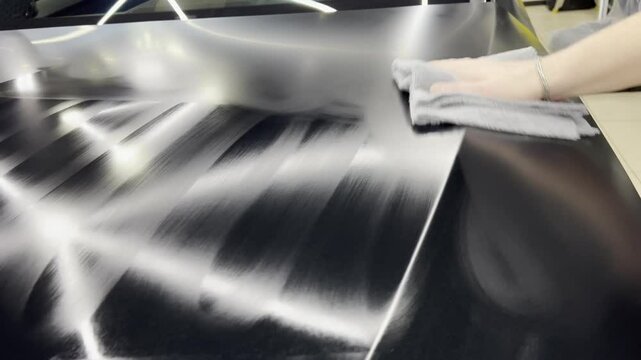 Automotive ceramics. Car service worker applying nano coating on a car detail. Specialistic ceramic coating liquid powder on to sponge by unrecognizable professional. Car detailing process.