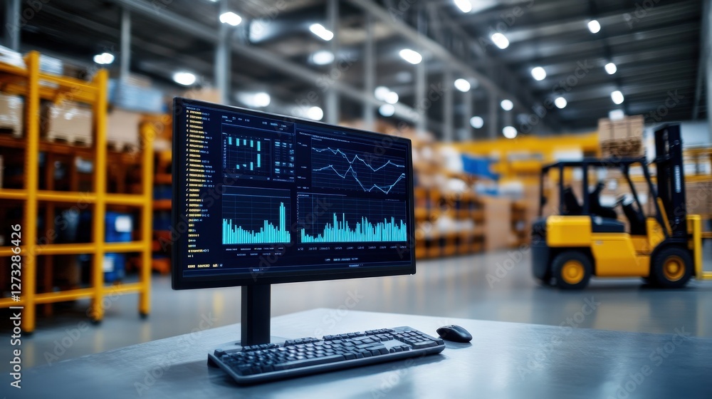 Aufkleber a modern monitor displaying data analytics in a warehouse setting, with stacks of goods and a forkli