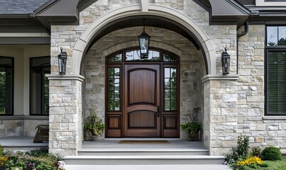 Elegant arched wooden door with side panels and glass accents, surrounded by stone walls, Generative AI