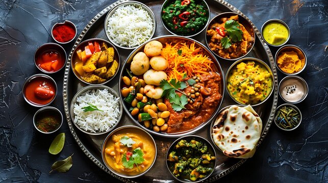 A colorful Indian thali with a variety of small dishes, no shadows The thali takes center stage, with no text, logo, signature, human body, people, or plants, 