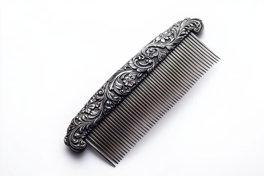 An exquisite silver hair comb featuring intricate floral carvings, resting on a pristine white backdrop highlighting vintage elegance and elaborate craftsmanship beautifully.