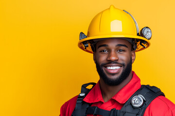 Fototapeta premium Closeup portrait of fireman in uniform smiling