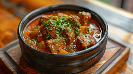 Authentic Hungarian goulash, a paprika-spiced stew, no shadows The stew is the focus, with no text, logo, signature, human body, people, or plants, 