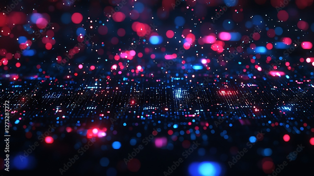 Poster Abstract digital matrix showing data flow with vibrant colors bokeh for tech, digital design
