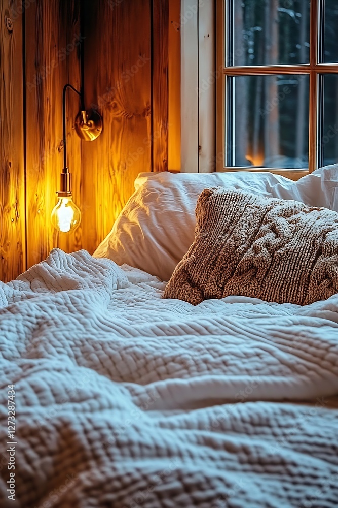Poster inviting bedroom scene featuring plush bedding and a rustic lamp bathing the space in warm light : g
