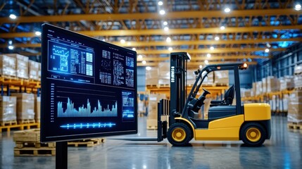 A warehouse scene featuring a yellow forklift and a digital monitor displaying data analytics, highlighting logistics and inventory management.