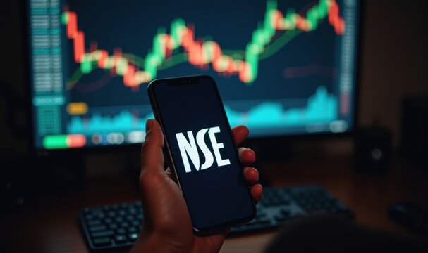 A hand holding a smartphone displaying the NSE logo, with a dynamic stock market graph in the background, symbolizing financial trading and investment.