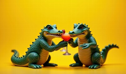 Two cheerful alligator figurines clink glasses filled with a vibrant cocktail against a bright yellow background, perfect for fun social media posts or marketing materials.