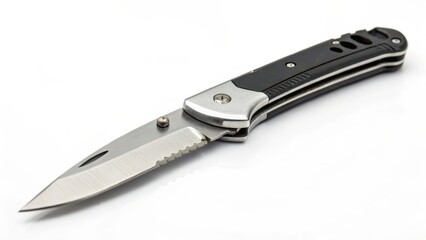 Black-handled Folding Knife on White Background