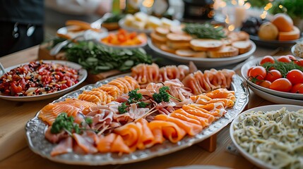 A traditional Swedish sm&ouml;rg&aring;sbord with a varied spread, no shadows The spread takes center stage, with no text, logo, signature, human body, people, or plants, 
