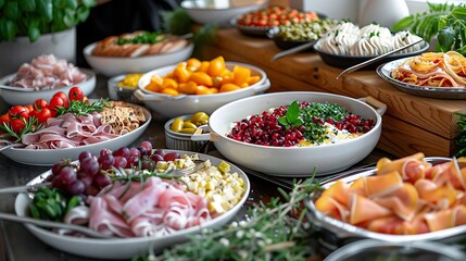 A traditional Swedish sm&ouml;rg&aring;sbord with a varied spread, no shadows The spread takes center stage, with no text, logo, signature, human body, people, or plants, 