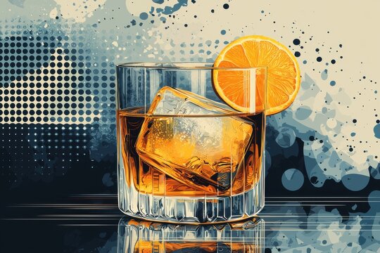 Artistic illustration of whiskey glass with orange slice on abstract background
