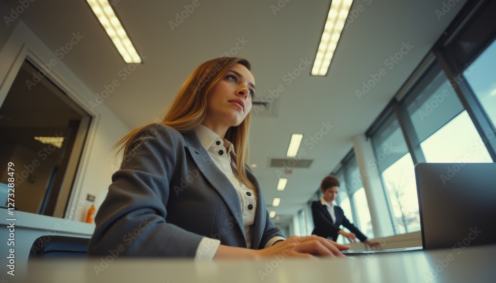 Aufkleber Professional setting with a focused woman at a desk while a colleague works in the background during office hours