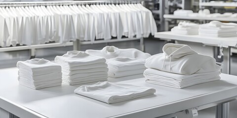 White apparel stacks, retail store, clothing racks