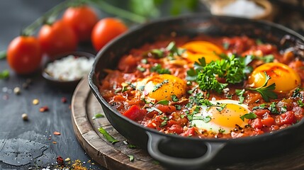 A gourmet shakshuka with eggs poached in tomato sauce, no shadows The dish is the focus, with no text, logo, signature, human body, people, or plants, 