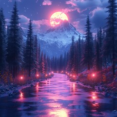 Magical moonlit river, snow-capped mountains, winter forest, fantasy scene, game background